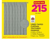 Always Home Lined Taped Curtain Textured Damask-230 x 218cm Per Drop