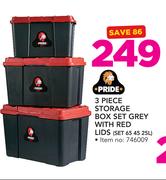 Pride 3 Piece Storage Box Set Grey With Red Lids Set 65 45 25L