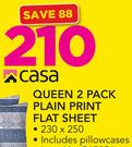 Casa Queen 2 Pack Plain Print Flat Sheet Includes Pillowcases