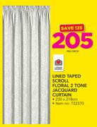 Always Home Lined Taped Scroll Floral 2 Tone Jacquard Curtain-230 x 218cm Per Drop