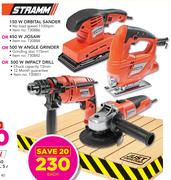 Stramm 150W Orbital Sander Or 450W Jigsaw Or 500W Angle Grinder Or 500W Impact Drill-Each