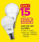 Simple Choice A60 6W LED Globes-Each