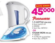 Pineware 1.7Ltr Kettle PAK-834 Or Steam Iron PSI 60-Each