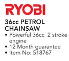 Ryobi 36cc Petrol Chainsaw