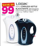 Logik 1.7Ltr Cordless Kettle Black/White RSH-441668-01-Each