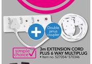 Simple Choice 3m Extension Cord Plus 6 Way Multiplug Plus Double Janus Coupler