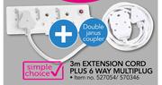Simple Choice 3m Extension Cord Plus 6 Way Multiplug