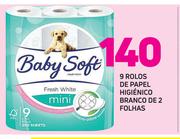 Baby Soft 9 Rolos de Papel Higienico branco de 2 Folhas