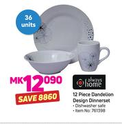 Always Home 12 Piece Dandelion Design Dinner Set