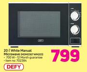 Defy 20Ltr White Manual Microwave MDM0367 WM203