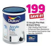 Dulux 5Ltr Acrylic PVA Matt Brilliant White-Each