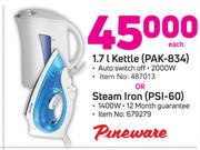 Pineware 1.7Ltr Kettle PAK-834 Or Steam Iron PSI 60-Each