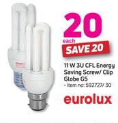 Eurolux 11W 3U CFL Energy Saving Screw/ Clip Globe G5-Each