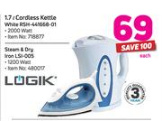 Logik 1.7L Cordless Kettle White RSH-441668-01/ Steam & Dry Iron LSI-005-Each