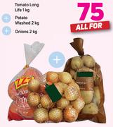 Long Life Tomatoes 1kg + Washed Potatoes 2kg & Onions 2Kg-For All