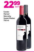 Condor Merlot/ Naturally Sweet/ Malbec-750ml Each