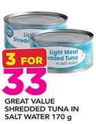 Great Value Shredded Tuna In Salt Water-3x170g