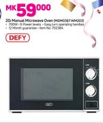 Defy 20Ltr Manual Microwave Oven MDMO367 WM203