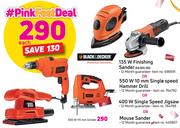 Black & Decker 650W 115 Grinder/135W Finishing Sander KA300-QS Or 550W 10mm Single Speed Hammer-Each