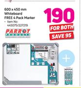 Parrot 600x450mm Whiteboard Free 4 Pack Marker