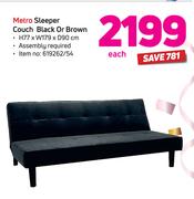Metro Sleeper Couch Black Or Brown H77 x W179 x D90cm-Each