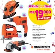Black & Decker 650W 115mm Grinder/ 550W 10mm S/Speed Hammer Drill/400W Jig Saw/55W Mouse Sander-Each