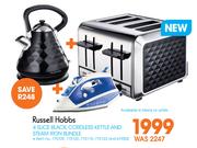 Russell Hobbs 4 Slice Toaster Black, Cordless Kettle And Steam Iron Bundle