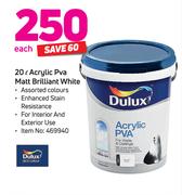 Dulux 20Ltr Acrylic PVA Matt Brilliant White-Each