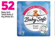 Baby Soft Toilet Rolls 2 Ply White 9's