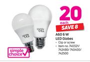 Simple Choice A60 6 W LED Globes-Each