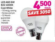Simple Choice LED A60 6W B22 4000K Cool White-Each
