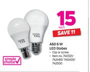 Simple Choice A60 6 W LED Globes-Each