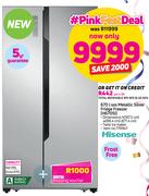 Hisense 670L SXS Metallic Silver Fridge Freezer H670SL