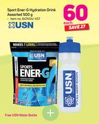 USN Sport Ener-G Hydration Drink 500g With USN Water Bottle-Each