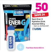 USN Sport Ener-G Hydration Drink 500g With Water Bottle 800ml-Each