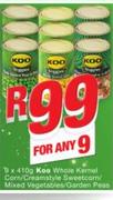 Koo Whole Kernel Corn/Creamstyle Sweetcorn/Mixed Vegetables/Garden Peas-Any 9 x 410g