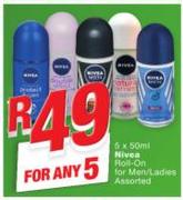 Nivea Roll-On For Men/Ladies Assorted-5 x 50ml
