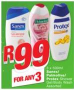 Sanex/protex/Palmolive Shower Gel/Body Wash Assorted-3 x 500ml