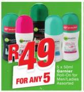 Garnier Roll-On For Men/Ladies Assorted-5 x 50ml