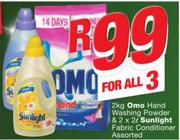 Omo Hand Washing Powder 2kg & Sunlight Fabric Conditioner Assorted 2 x 2Ltr-For All 3