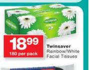 Twinsaver Rainbow/White Facial Tissues-180 Per Pack