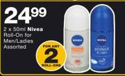Nivea Roll-On For Men/Ladies Assorted-2 x 50ml