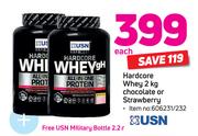 USN Hardcore Whey 2kg Chocolate Or Strawberry With USN Millitary Bottle 2.2Ltr-Each