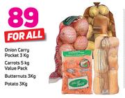 Onions Carry Pocket-3Kg + Carrots 5Kg + Butternuts 3Kg + Potato 3Kg-For All