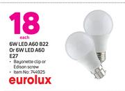Eurolux 6W LED A60 B22 Or 6W LED A60 E27-Each