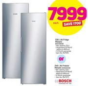 Bosch 326L All Fridge Metallic (KSV33NI30) Or 246L All Freezer Metallic (GSN33V130)-Each
