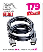 Ellies 3 Pack 1.5m Hi Speed HDMI Male To HDMI Male To HDMI Male Cables-Each