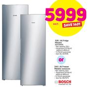 Bosch 326Ltr All Fridge Metallic KSV33NI30 Or Bosch 246Ltr All Freezer Metallic GSN33VI30-Each