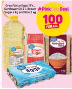 Great Value Eggs 18's, Sunflower Oil 2L, Brown Sugar 2Kg And Rice 2Kg-For All 