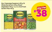Koo Creamstyle Sweetcorn 415g/Whole Kernel Corn 410g, Mixed Vegetable 410g & Fresh Garden Peas-Any 3